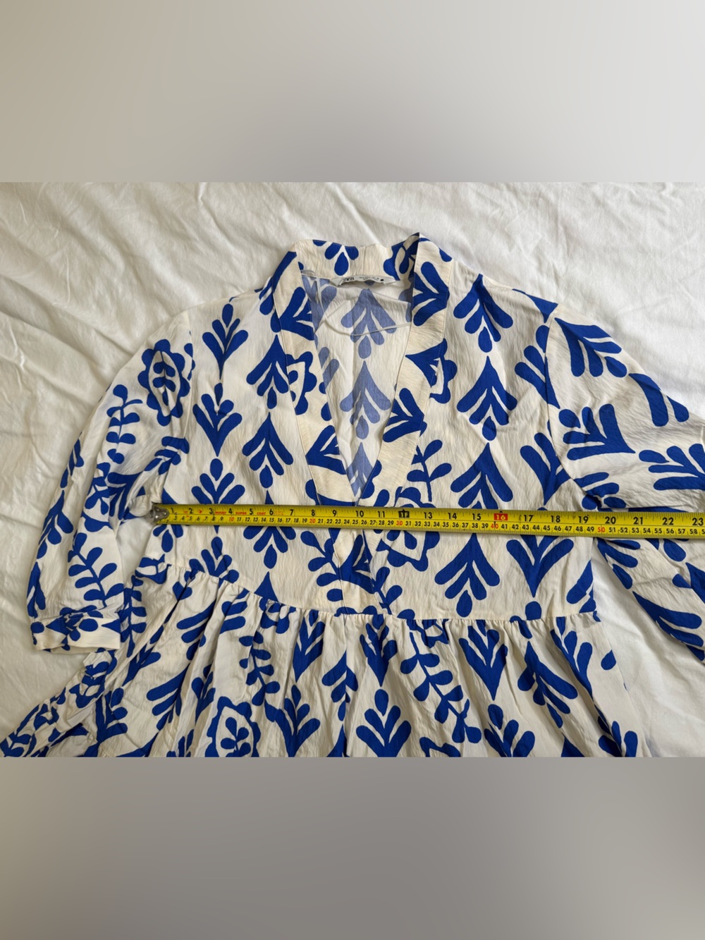 Zara Blue White Mediterranean Print Tiered Babydoll Dress M Coastal Resort - Picture 7 of 10
